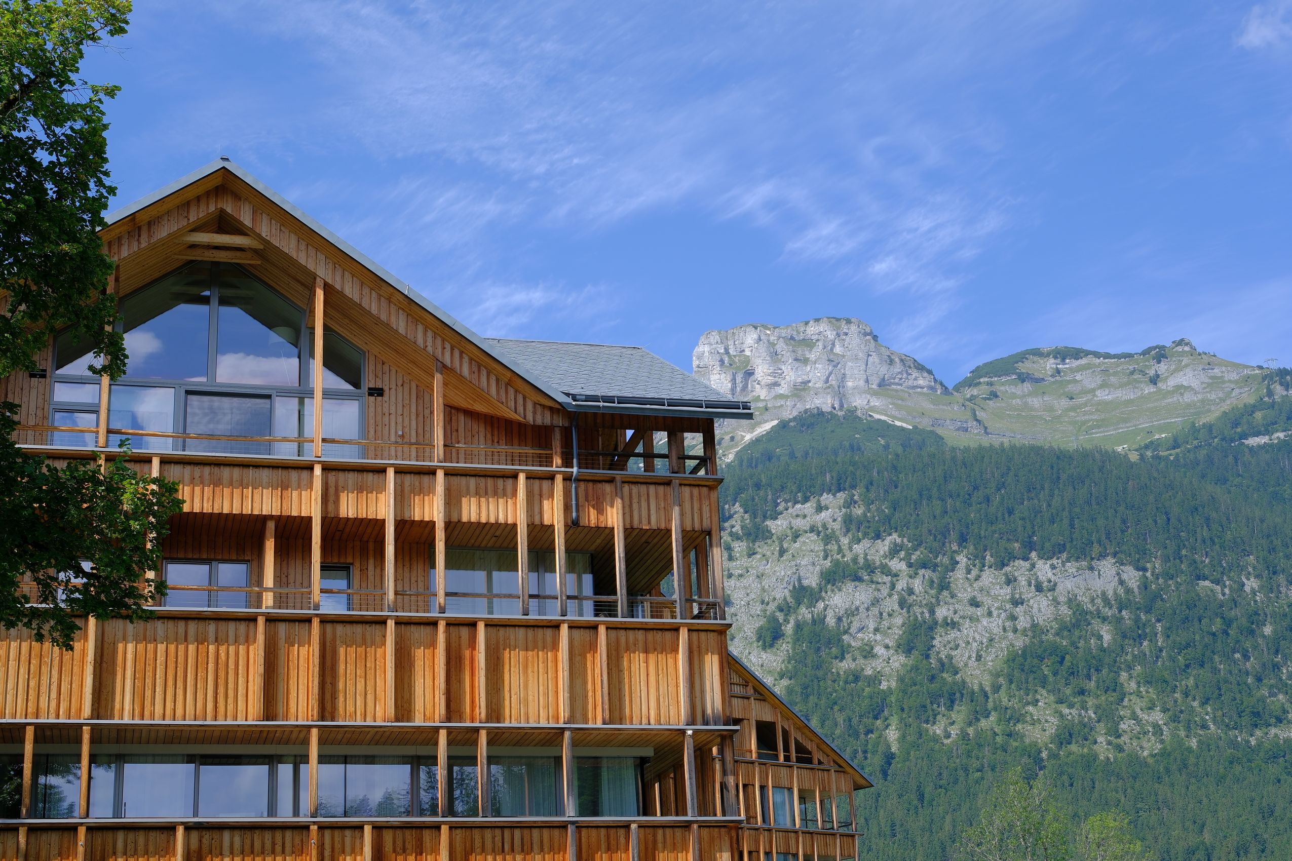 Holzbau vor Bergkulisse